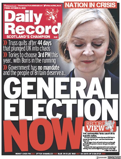 Daily Record Newspaper Front Page (UK) for 21 October 2022