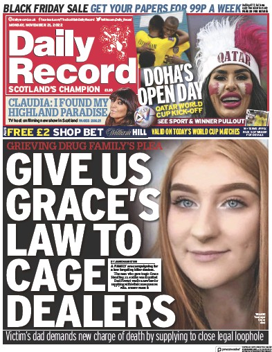 Daily Record Newspaper Front Page (UK) for 21 November 2022