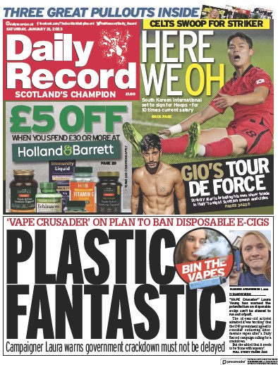 Daily Record Newspaper Front Page (UK) for 21 January 2023