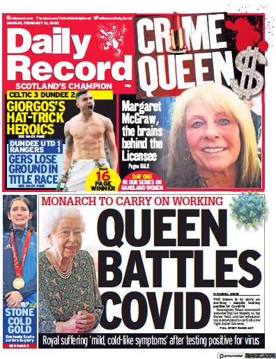 Daily Record Newspaper Front Page (UK) for 21 February 2022