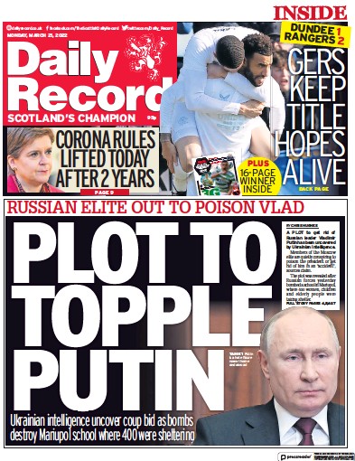 Daily Record Newspaper Front Page (UK) for 21 March 2022