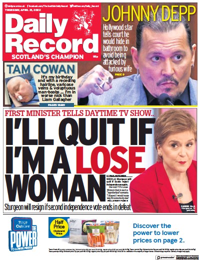 Daily Record Newspaper Front Page (UK) for 21 April 2022