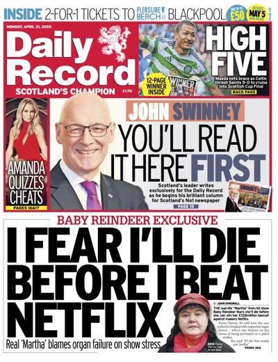 Daily Record Newspaper Front Page (UK) for 21 April 2025