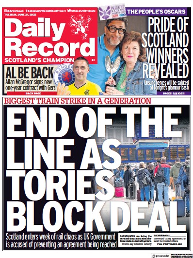 Daily Record Newspaper Front Page (UK) for 21 June 2022