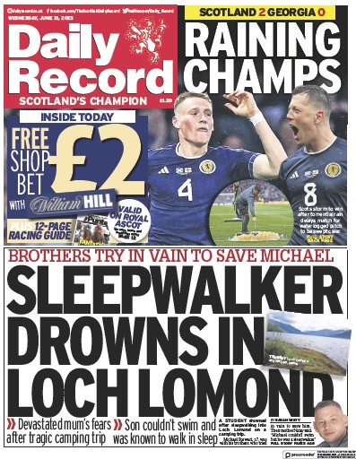 Daily Record Newspaper Front Page (UK) for 21 June 2023