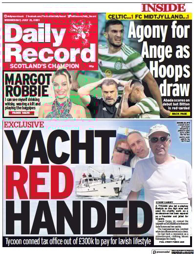 Daily Record Newspaper Front Page (UK) for 21 July 2021