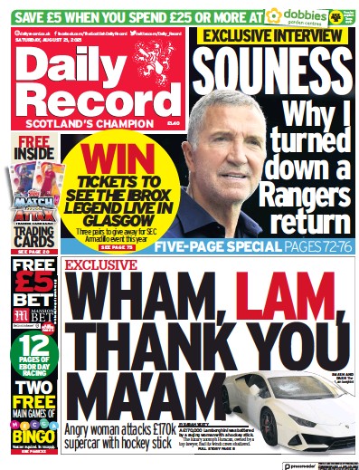 Daily Record Newspaper Front Page (UK) for 21 August 2021