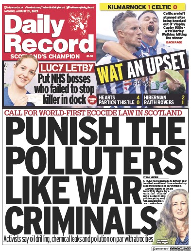 Daily Record Newspaper Front Page (UK) for 21 August 2023