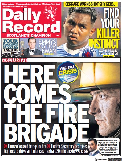Daily Record Newspaper Front Page (UK) for 21 September 2021