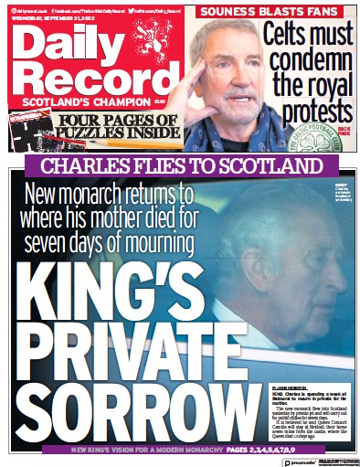 Daily Record Newspaper Front Page (UK) for 21 September 2022