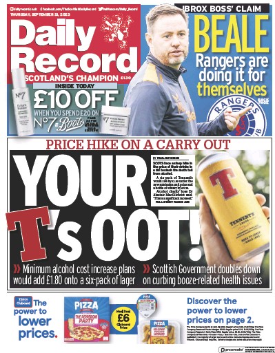Daily Record Newspaper Front Page (UK) for 21 September 2023