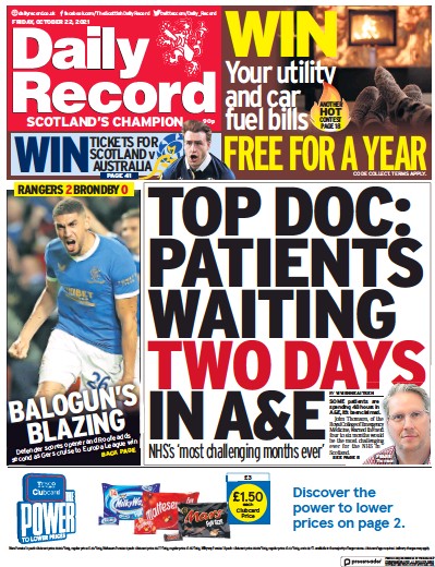 Daily Record Newspaper Front Page (UK) for 22 October 2021