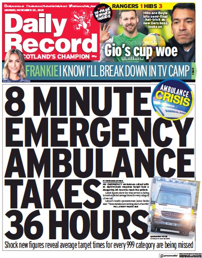 Daily Record Newspaper Front Page (UK) for 22 November 2021