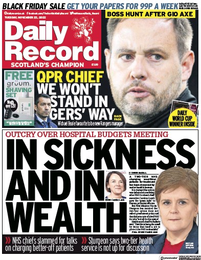 Daily Record Newspaper Front Page (UK) for 22 November 2022