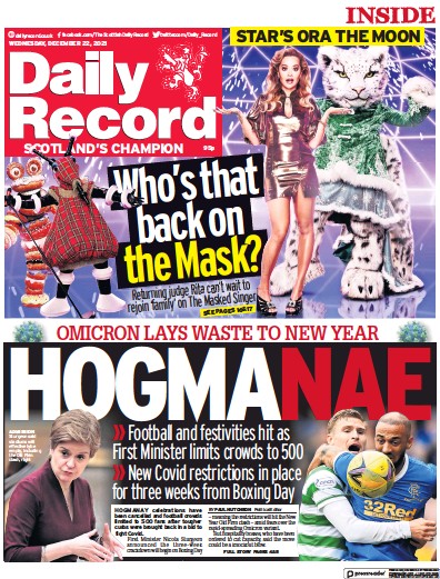Daily Record Newspaper Front Page (UK) for 22 December 2021
