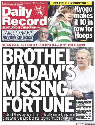 Daily Record Newspaper Front Page (UK) for 22 December 2022