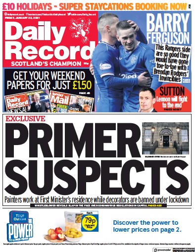 Daily Record Newspaper Front Page (UK) for 22 January 2021