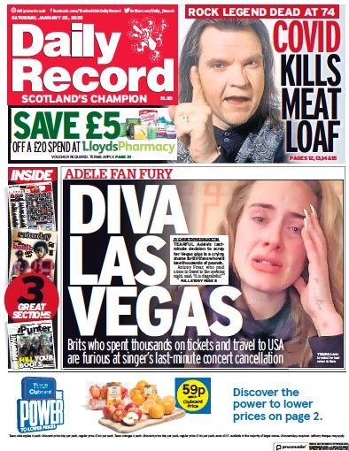 Daily Record Newspaper Front Page (UK) for 22 January 2022