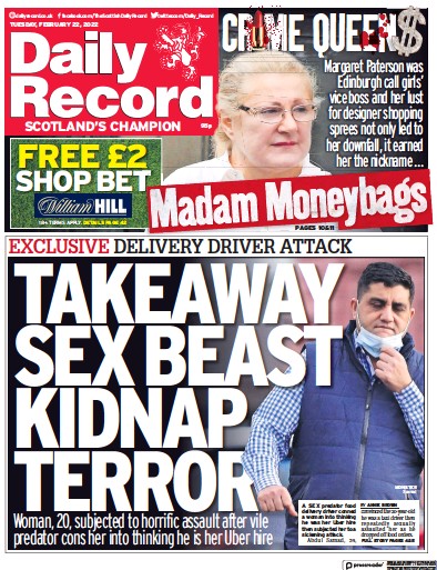 Daily Record Newspaper Front Page (UK) for 22 February 2022