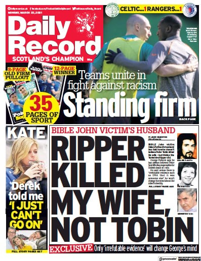 Daily Record Newspaper Front Page (UK) for 22 March 2021