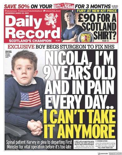 Daily Record Newspaper Front Page (UK) for 22 March 2023