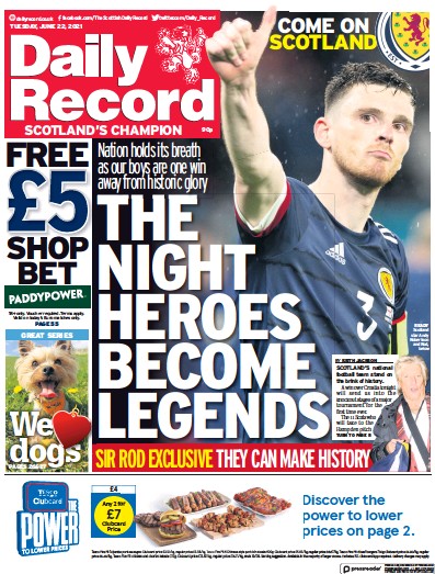 Daily Record Newspaper Front Page (UK) for 22 June 2021
