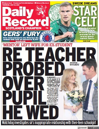 Daily Record Newspaper Front Page (UK) for 22 July 2021