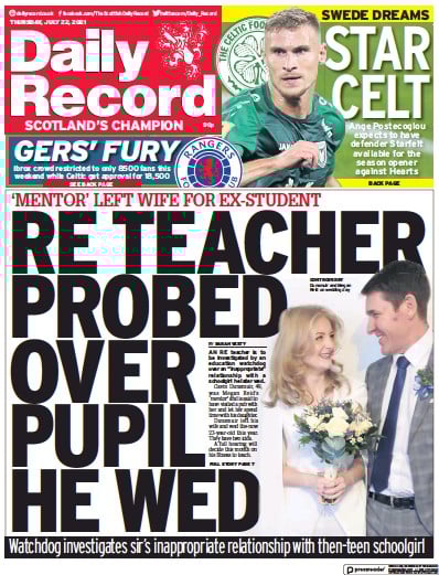 Daily Record Newspaper Front Page (UK) for 22 July 2021