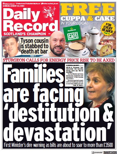 Daily Record Newspaper Front Page (UK) for 22 August 2022