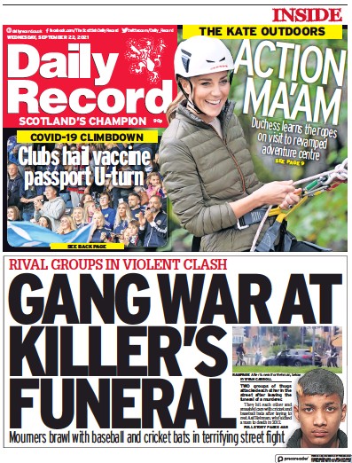 Daily Record Newspaper Front Page (UK) for 22 September 2021