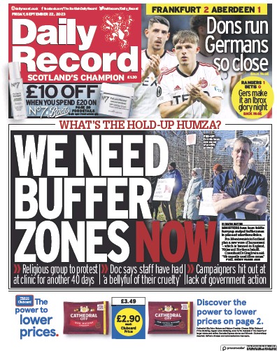 Daily Record Newspaper Front Page (UK) for 22 September 2023