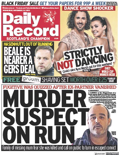 Daily Record Newspaper Front Page (UK) for 23 November 2022