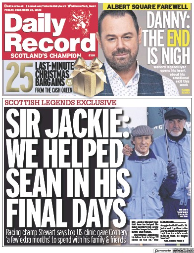 Daily Record Newspaper Front Page (UK) for 23 December 2022
