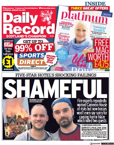 Daily Record Newspaper Front Page (UK) for 23 January 2021