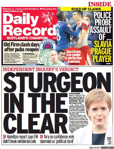 Daily Record Newspaper Front Page (UK) for 23 March 2021