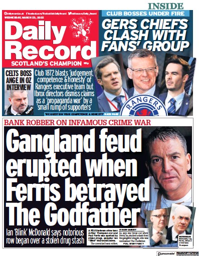 Daily Record Newspaper Front Page (UK) for 23 March 2022