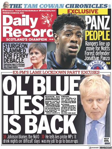 Daily Record Newspaper Front Page (UK) for 23 March 2023