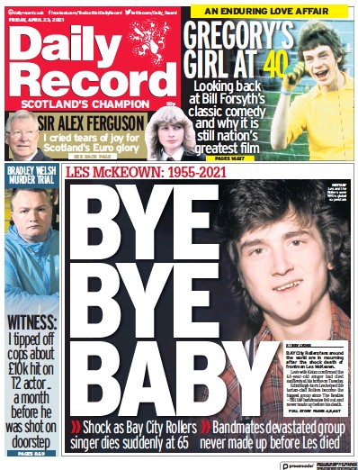 Daily Record Newspaper Front Page (UK) for 23 April 2021