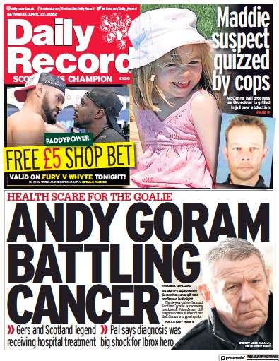 Daily Record Newspaper Front Page (UK) for 23 April 2022