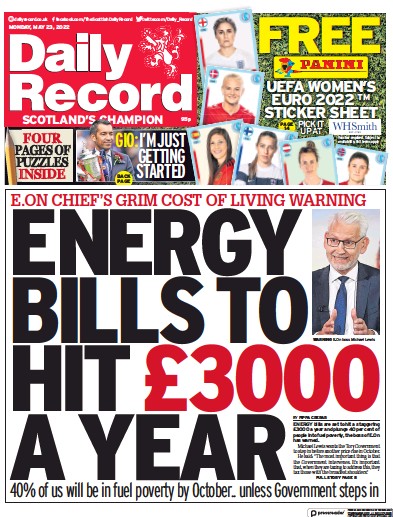 Daily Record Newspaper Front Page (UK) for 23 May 2022