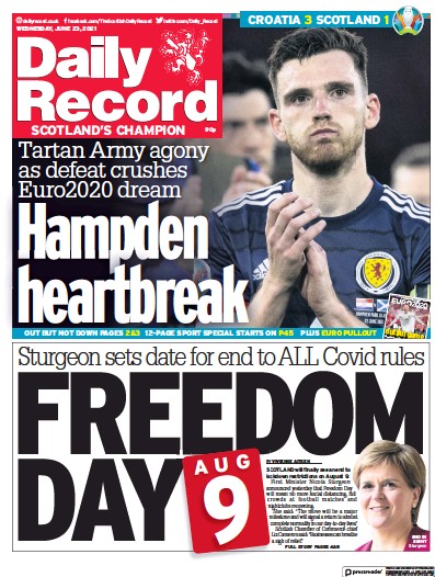 Daily Record Newspaper Front Page (UK) for 23 June 2021