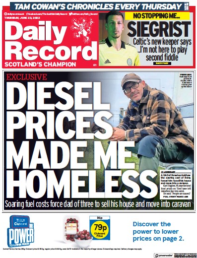 Daily Record Newspaper Front Page (UK) for 23 June 2022