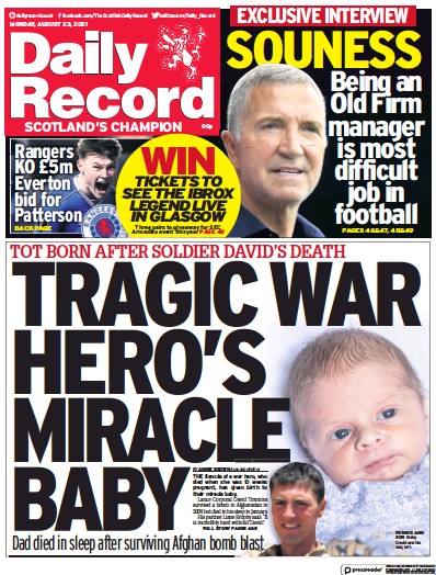 Daily Record Newspaper Front Page (UK) for 23 August 2021