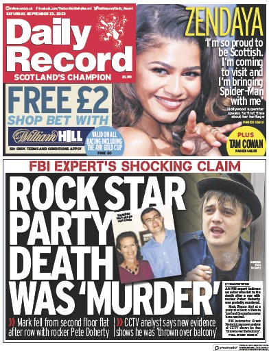 Daily Record Newspaper Front Page (UK) for 23 September 2023