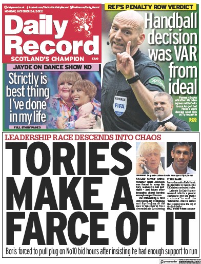 Daily Record Newspaper Front Page (UK) for 24 October 2022