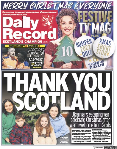 Daily Record Newspaper Front Page (UK) for 24 December 2022