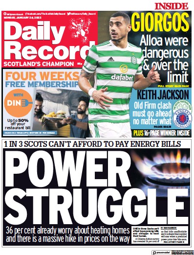 Daily Record Newspaper Front Page (UK) for 24 January 2022