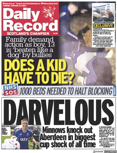 Daily Record Newspaper Front Page (UK) for 24 January 2023