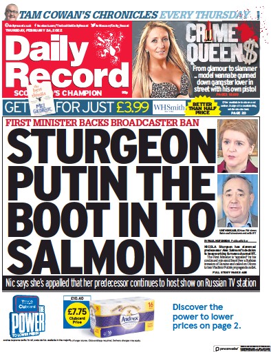 Daily Record Newspaper Front Page (UK) for 24 February 2022