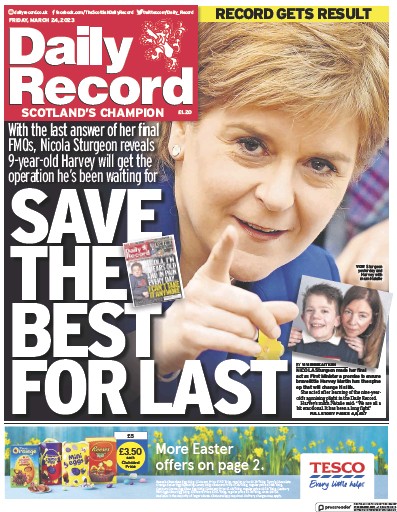Daily Record Newspaper Front Page (UK) for 24 March 2023